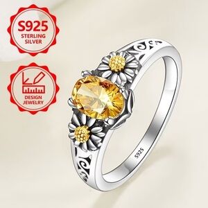 Yellow Citrine Cubic Zirconia and Sunflower S925 Sterling Silver Ring size 7